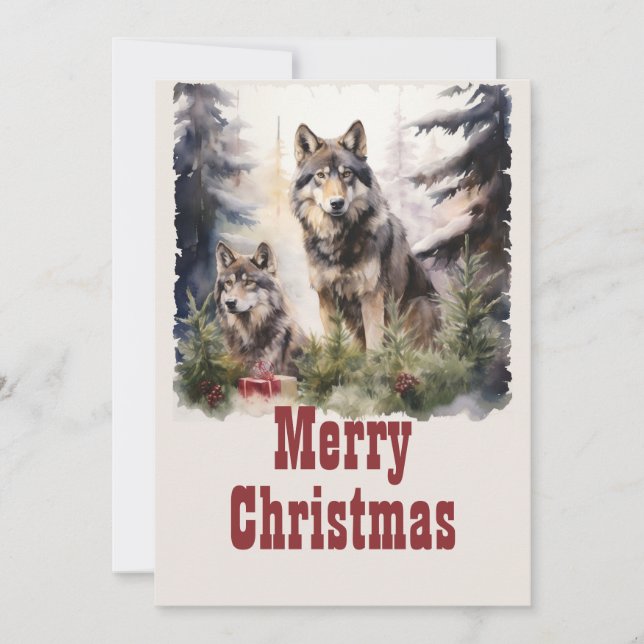 Christmas Wolf Watercolor Holiday Card (Front)