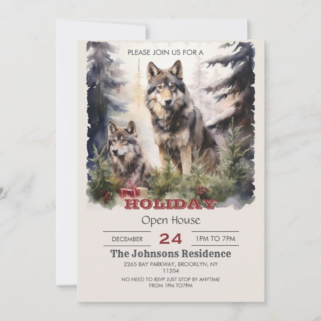 Christmas Wolf Watercolor Invitation (Front)