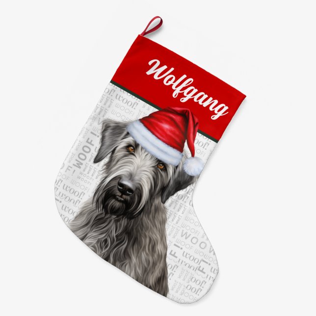 Christmas Wolfhound with Name Woof Background Large Christmas Stocking (Front (Hanging))