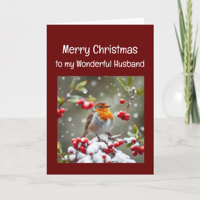 Christmas Wonderful Husband English Robin Bird Holiday Card (Front)