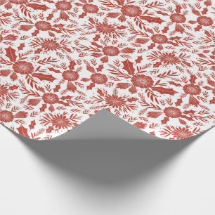 Christmas Woodcut Botanical Red Wrapping Paper