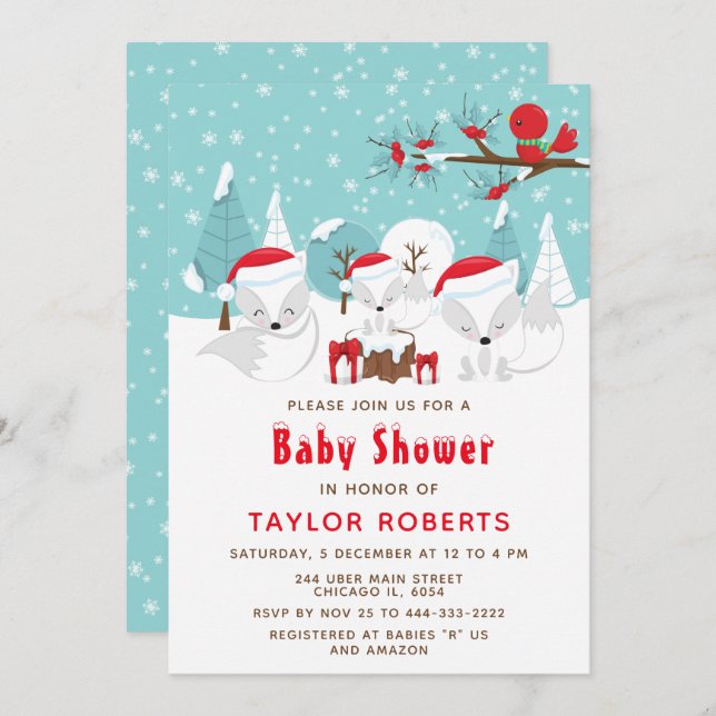 Christmas Woodland Arctic Fox Baby Shower Invitation (Front/Back)