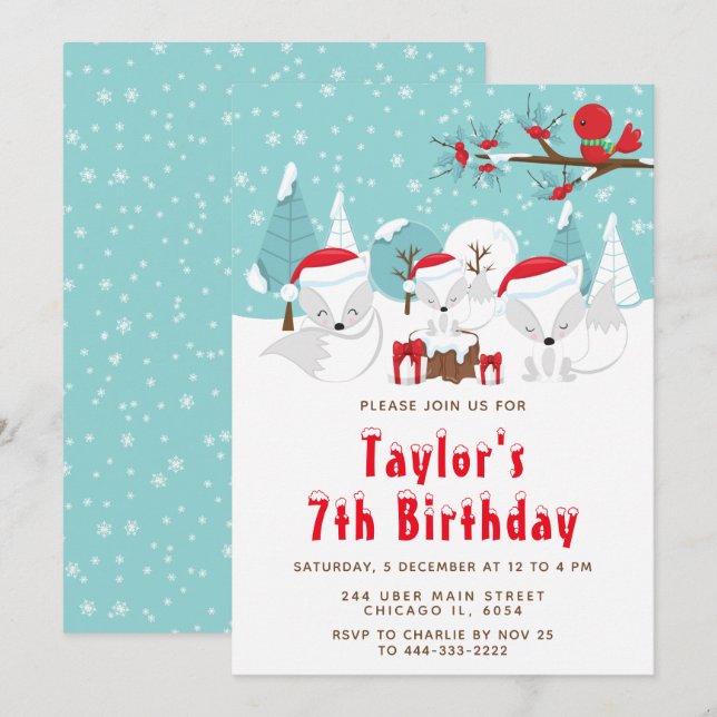 Christmas Woodland Arctic Fox Birthday Party Invitation (Front/Back)