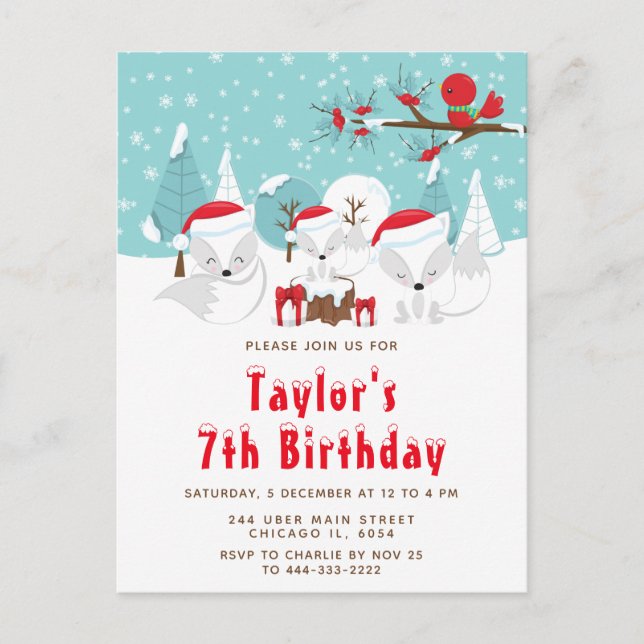 Christmas Woodland Arctic Fox Birthday Party Postcard (Front)