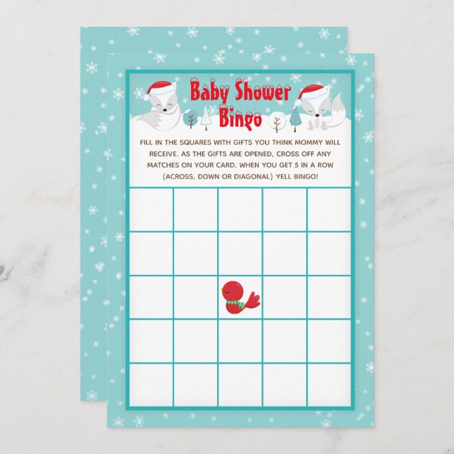 Christmas Woodland Arctic Foxes Baby Shower Bingo Invitation (Front/Back)