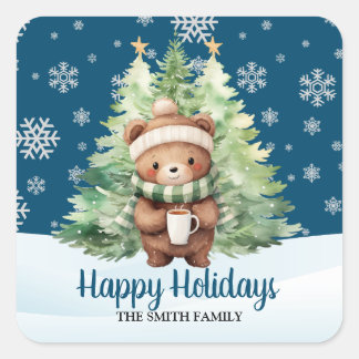 CHRISTMAS WOODLAND BEAR SQUARE STICKER