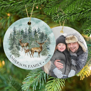 Christmas Woodland Deer Family Photo Ceramic Ornament