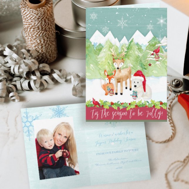 Christmas Woodland Deer Fox Bear Cardinal Photo Holiday Card (Creator Uploaded)