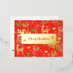 Christmas Woodland Red. Personalised.Gold. Foil Holiday Postcard
