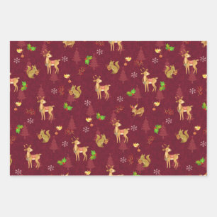 Christmas Woodlands Wrapping Paper Flat Wine