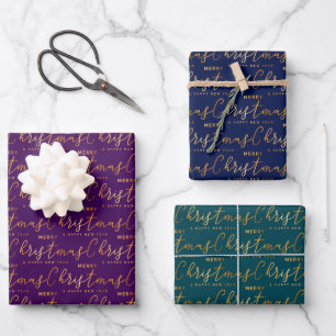 Christmas Word Art on Purple, Navy and Teal Wrapping Paper Sheet