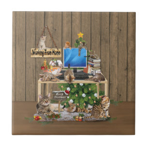 Christmas-Working from Home with my Cats Ceramic Tile