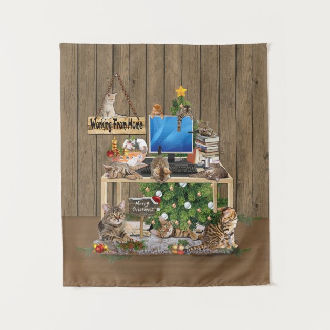 Christmas-Working from Home with my Cats Tapestry (Front)