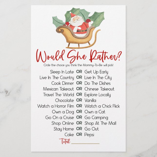 Christmas Would She Rather Baby Shower Game Stationery (Front)