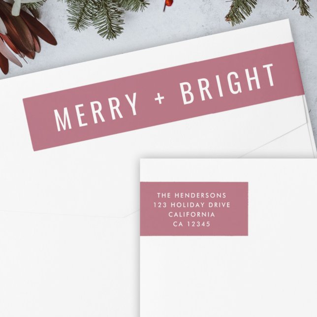 Christmas Wrap Label | Holiday Mail Sticker Berry (Feminine vintage rose “Merry + Bright” wrap label by Guava for festive mail)