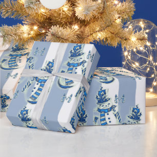 Christmas Wrapping Blue & White Stripe Snowman Wrapping Paper