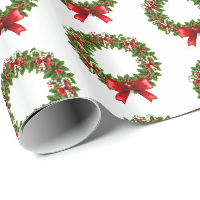 Christmas Wrapping Paper-Candy Cane Wreath Wrapping Paper (Roll Corner)