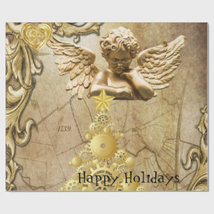 Christmas Wrapping Paper Happy Holidays Gold Angel
