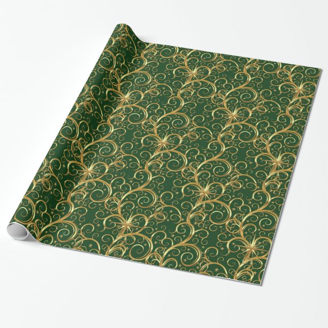 Christmas Wrapping Paper-Majesty Golden Swirls Wrapping Paper (Unrolled)
