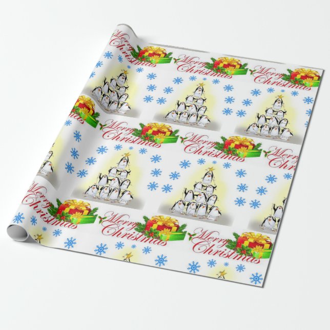 Christmas Wrapping Paper Penguin Snowflakes (Unrolled)