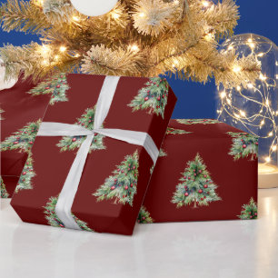 Christmas Wrapping Paper, Pine Tree Red Christmas Paper