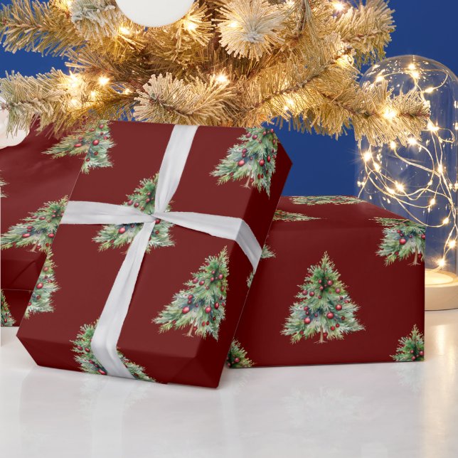 Christmas Wrapping Paper, Pine Tree Red Christmas Wrapping Paper (Holidays)