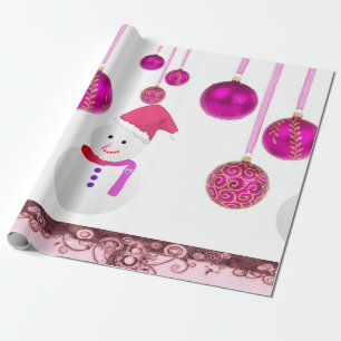 Christmas Wrapping Paper Pink Balls Snowman