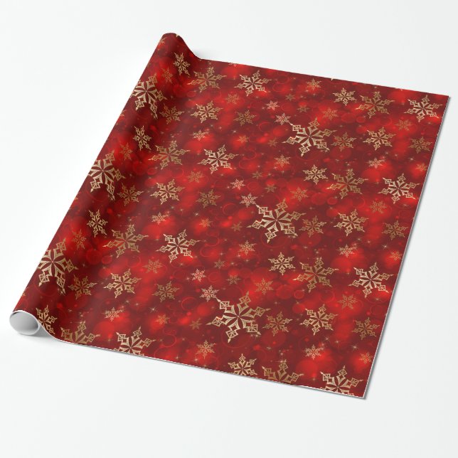 Christmas Wrapping Paper-Red & Gold Snowflakes Paper (Unrolled)