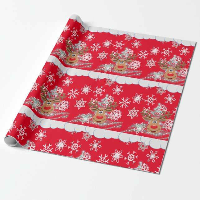 Christmas Wrapping Paper Reindeer Red (Unrolled)