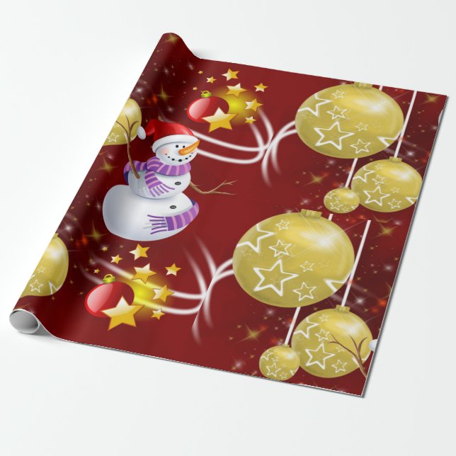 Christmas Wrapping Paper Snowman Gold Balls (Unrolled)
