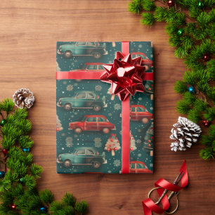 Christmas wrapping paper with trees & cars