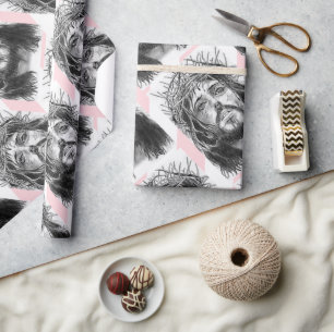 Christmas Wrapping Pink &White Stripe Jesus Christ Paper