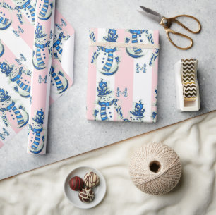 Christmas Wrapping Pink & White Stripe Snowman Paper