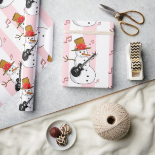 Christmas Wrapping Pink & White Stripe Snowman Paper