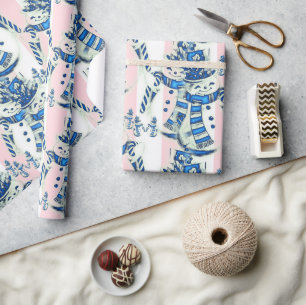 Christmas Wrapping Pink & White Stripe Snowman Paper