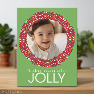 Christmas Wreath 1 Photo - Pistachio Green and Red Holiday Postcard
