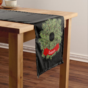 Christmas Wreath Add Family Name Black Short Table Runner