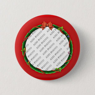 Christmas Wreath Add Your Photo & Red Background 6 Cm Round Badge