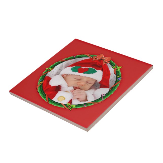 Christmas Wreath Add Your Photo & Red Background Ceramic Tile (Side)