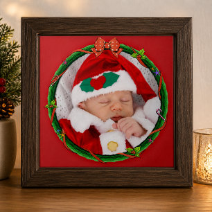 Christmas Wreath Add Your Photo & Red Background Ceramic Tile