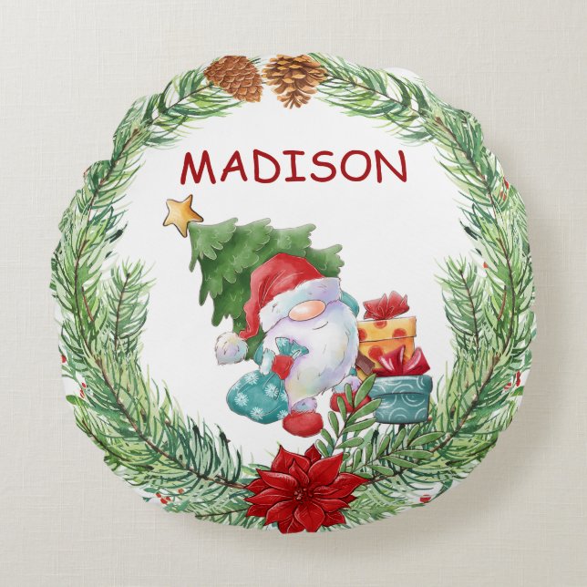 Christmas Wreath and Gnome Santa Claus Round Cushion (Front)