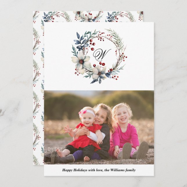 Christmas wreath and monogram photo holiday card (Front/Back)