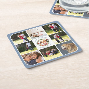 Christmas wreath and nine photos dusty blue square paper coaster