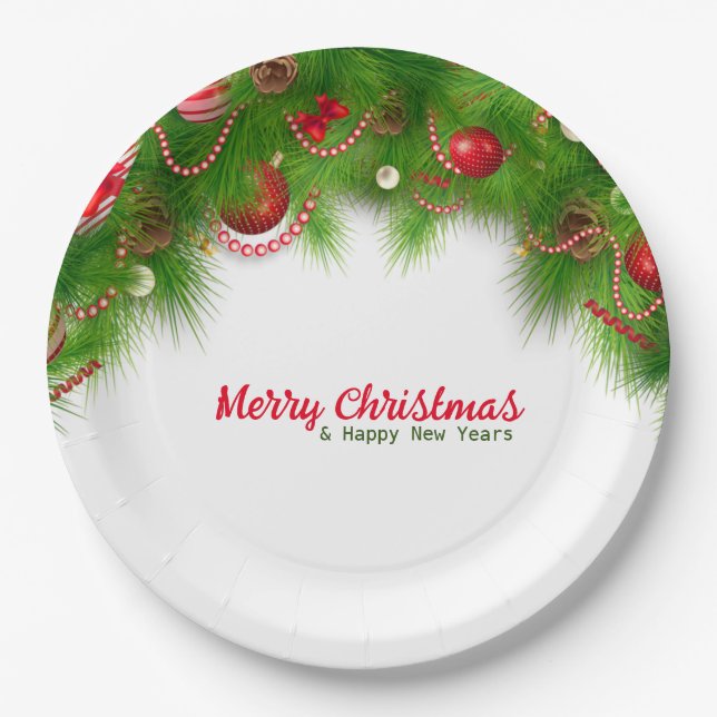 Christmas Wreath and Red Bulbs, and Presents   Pap Paper Plate (Front)