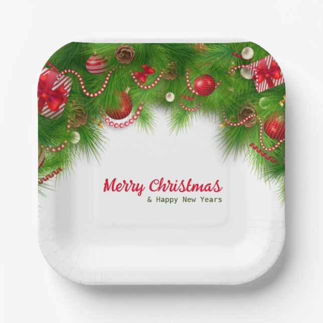 Christmas Wreath and Red Bulbs, and Presents   Paper Plate (Front)