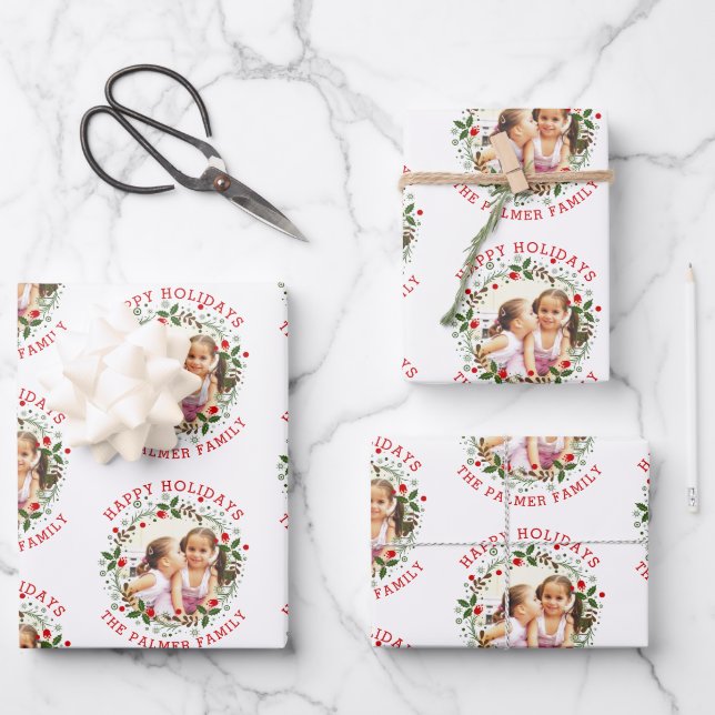 Christmas wreath and red Happy Holidays photo Wrapping Paper Sheet (Front)