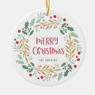 Christmas Wreath and Script Merry Christmas Ceramic Ornament