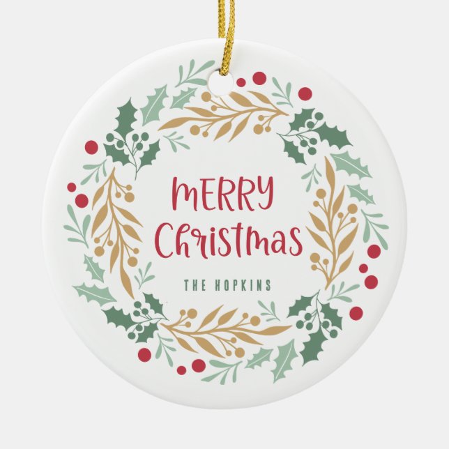 Christmas Wreath and Script | Merry Christmas Ceramic Ornament (Front)