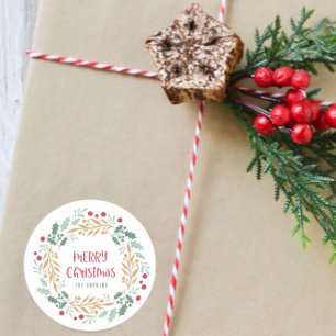 Christmas Wreath and Script Merry Christmas Classic Round Sticker