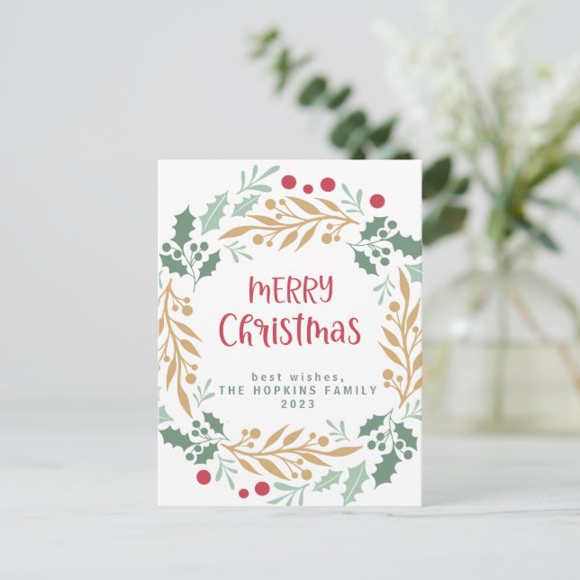 Christmas Wreath and Script | Merry Christmas Postcard (Standing Front)